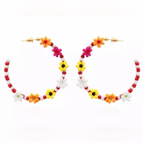 Zara Colorful Beaded Flower Hoop Earrings - Picture 3 of 11